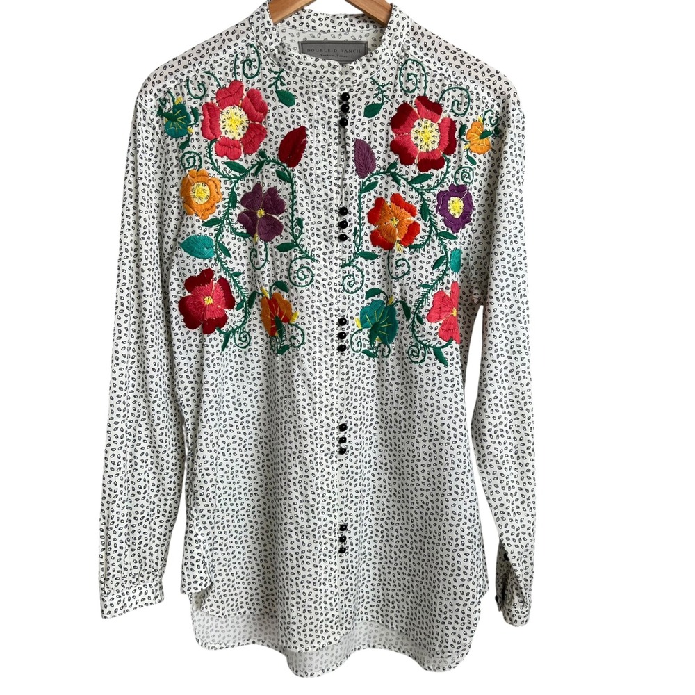 Double D Ranch Leaf Print Floral Embroidered Cotton Button Long Sleeve Shirt S